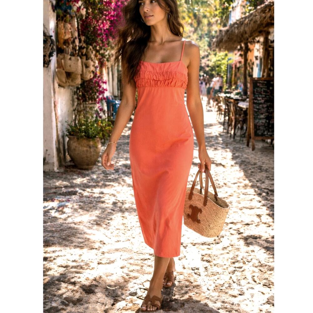 Ciao Lucia XS Nera Midi Slip Dress $325 Ruched Bust Spaghetti Strap Cotton Coral